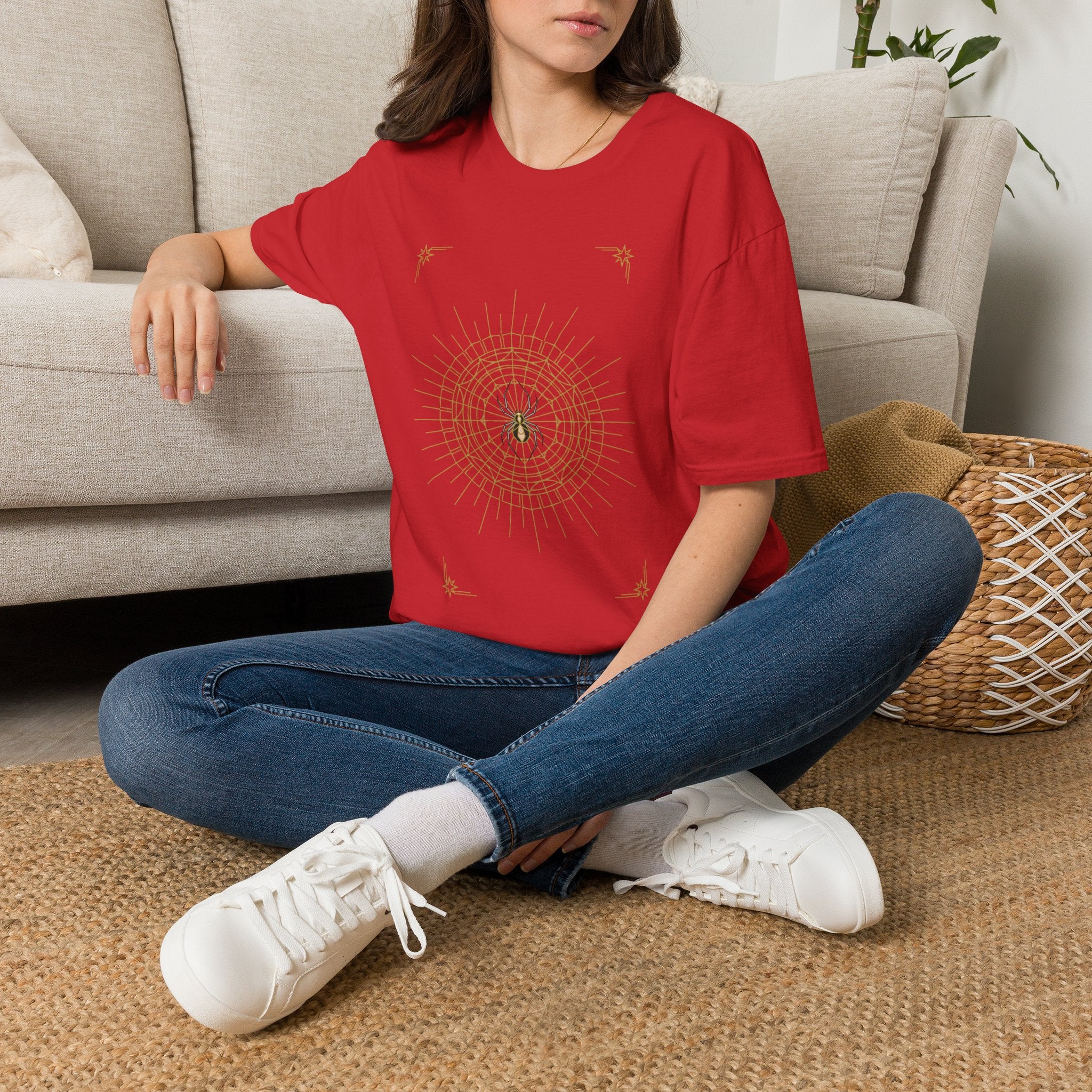 Halloween spider mandala T-shirt, red crewneck with spider web mandala graphic