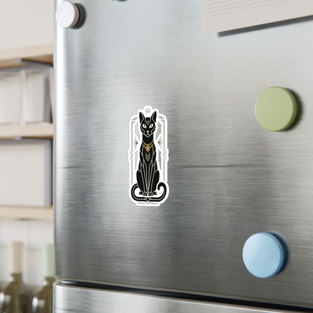 Black cat art deco vinyl decal with gold harness details, white outline and base