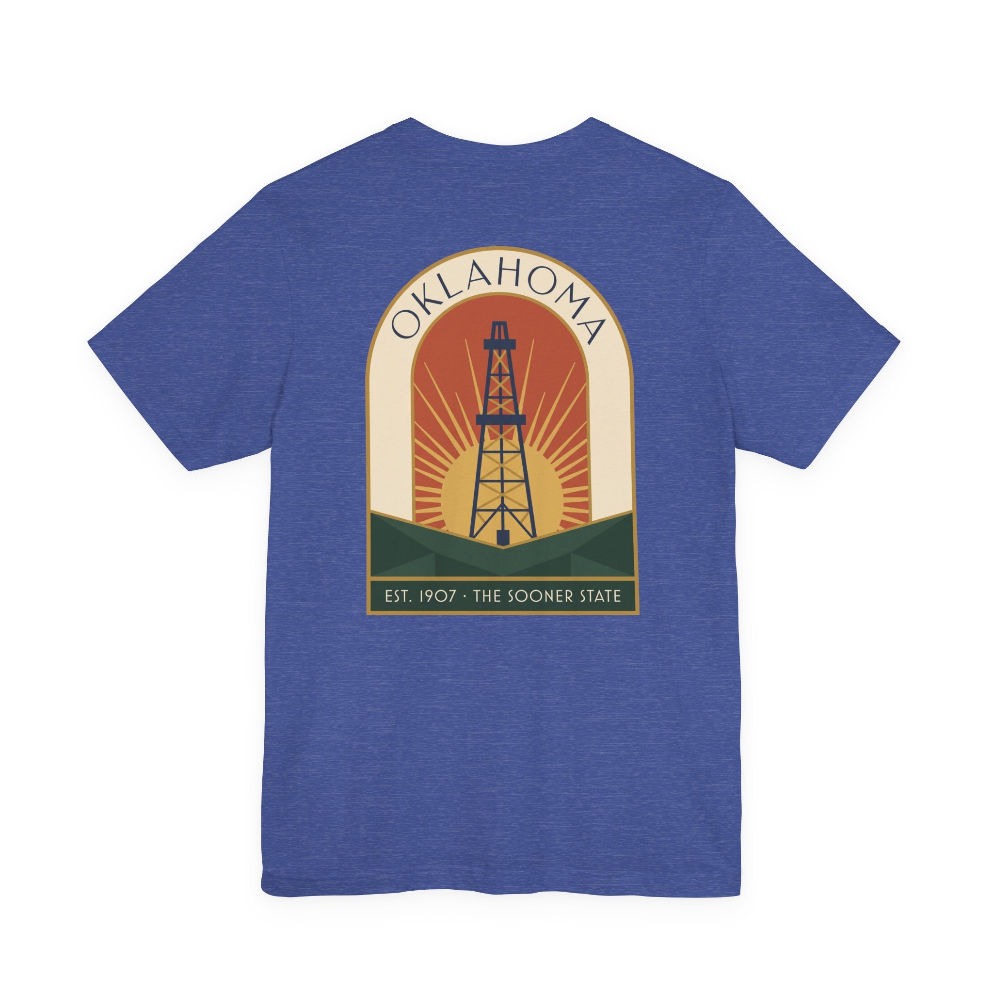 Royal blue T-shirt with large back oil derrick sunset graphic and Oklahoma text