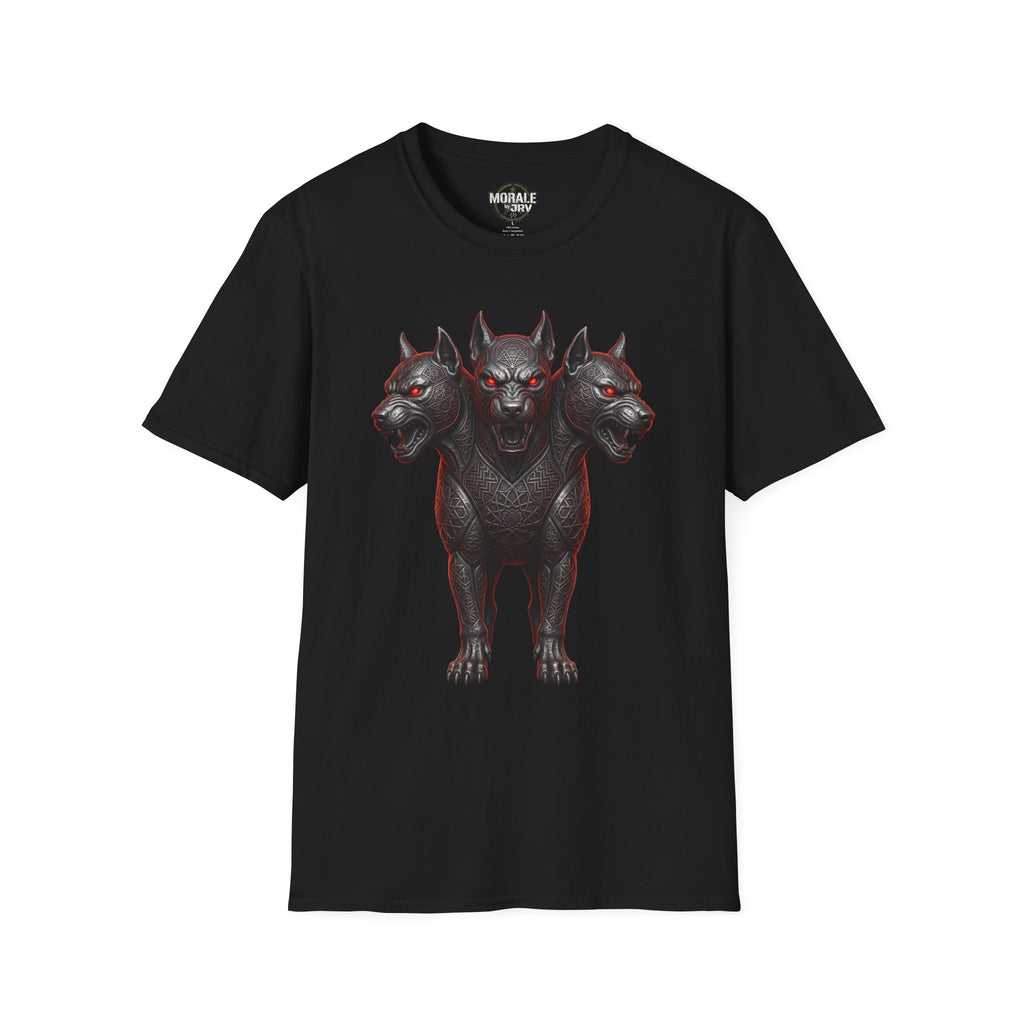 Black three-headed Cerberus dog T-shirt, dark gothic front graphic