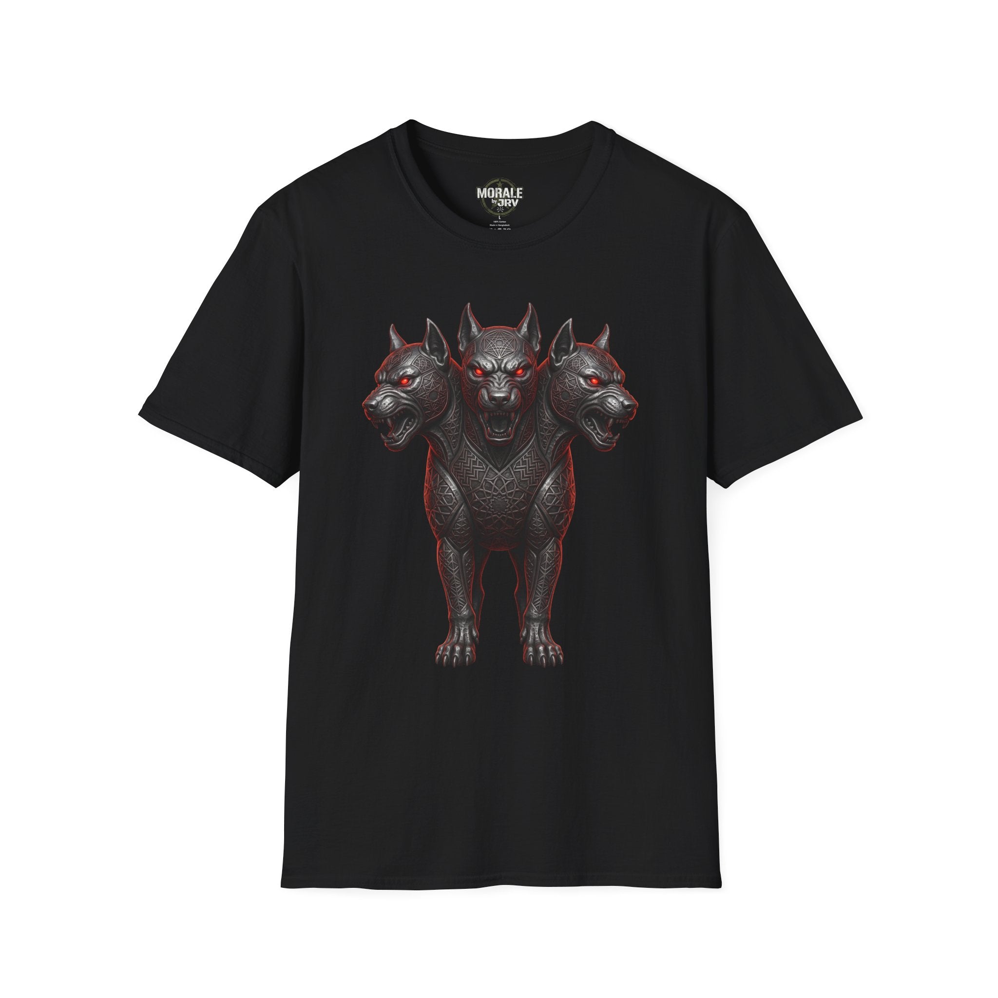 Black three-headed Cerberus dog T-shirt, dark gothic front graphic