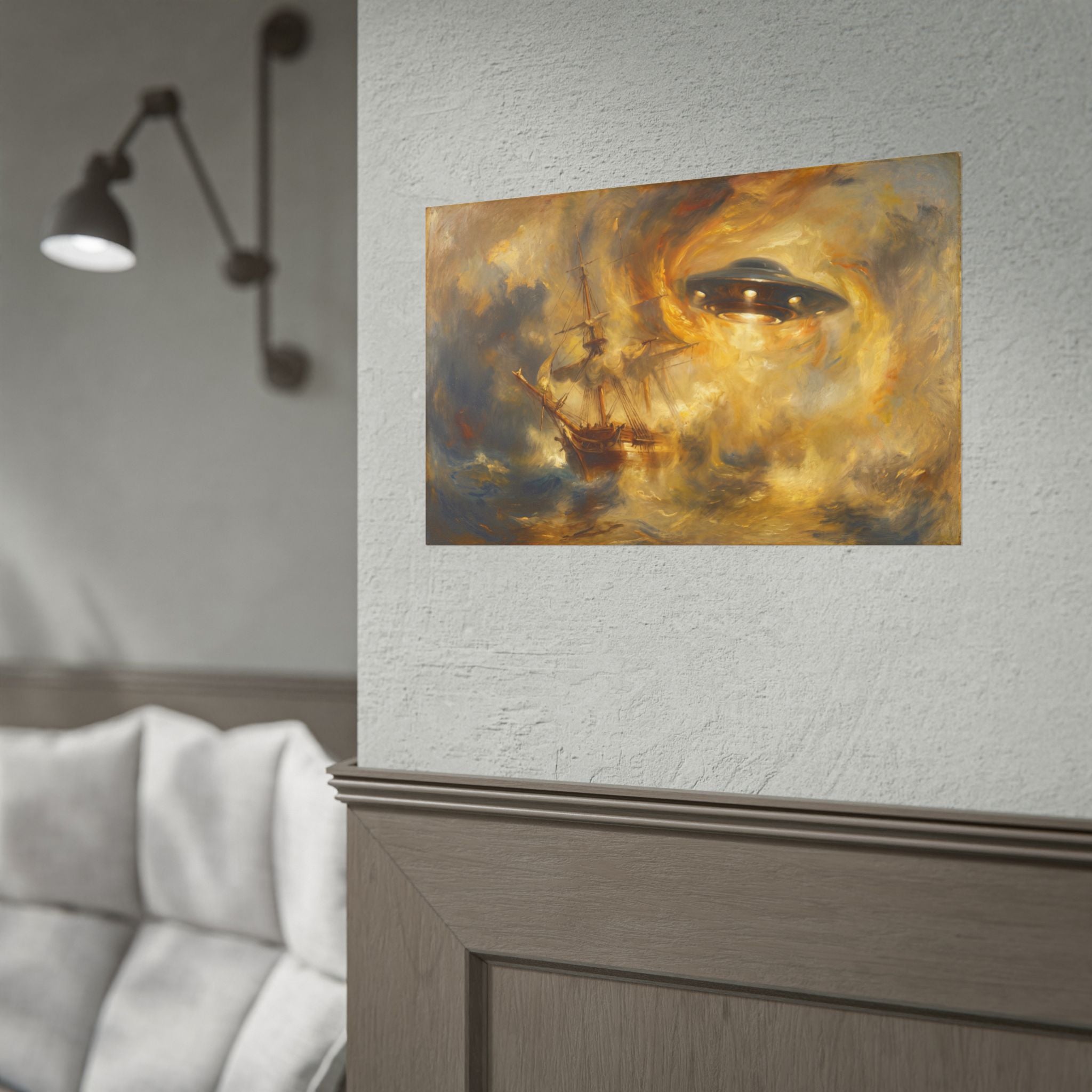Small framed fantasy shipwreck poster with golden eye-like face and ship silhouettes