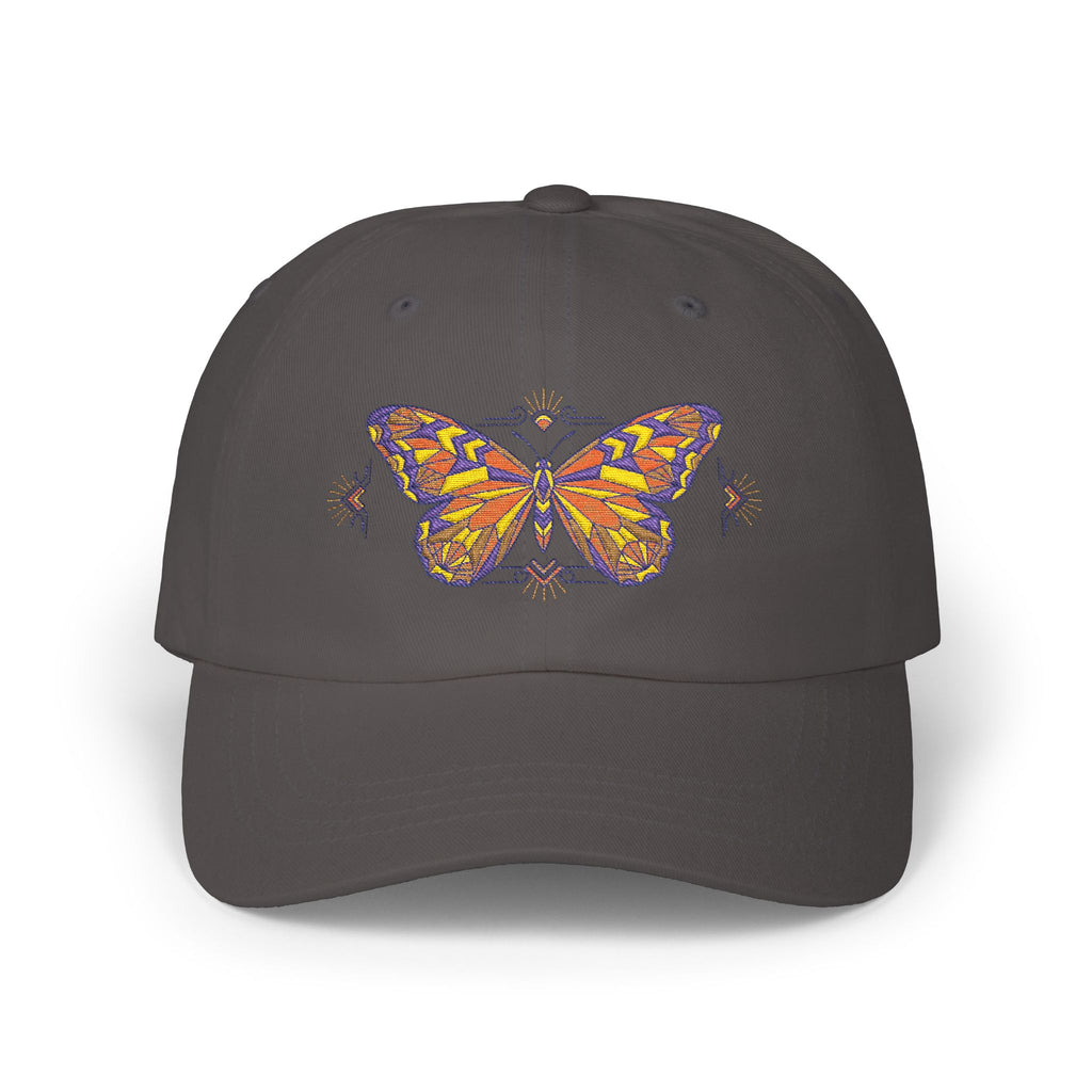 Dark grey dad cap with colorful butterfly-moth embroidery on the front panel