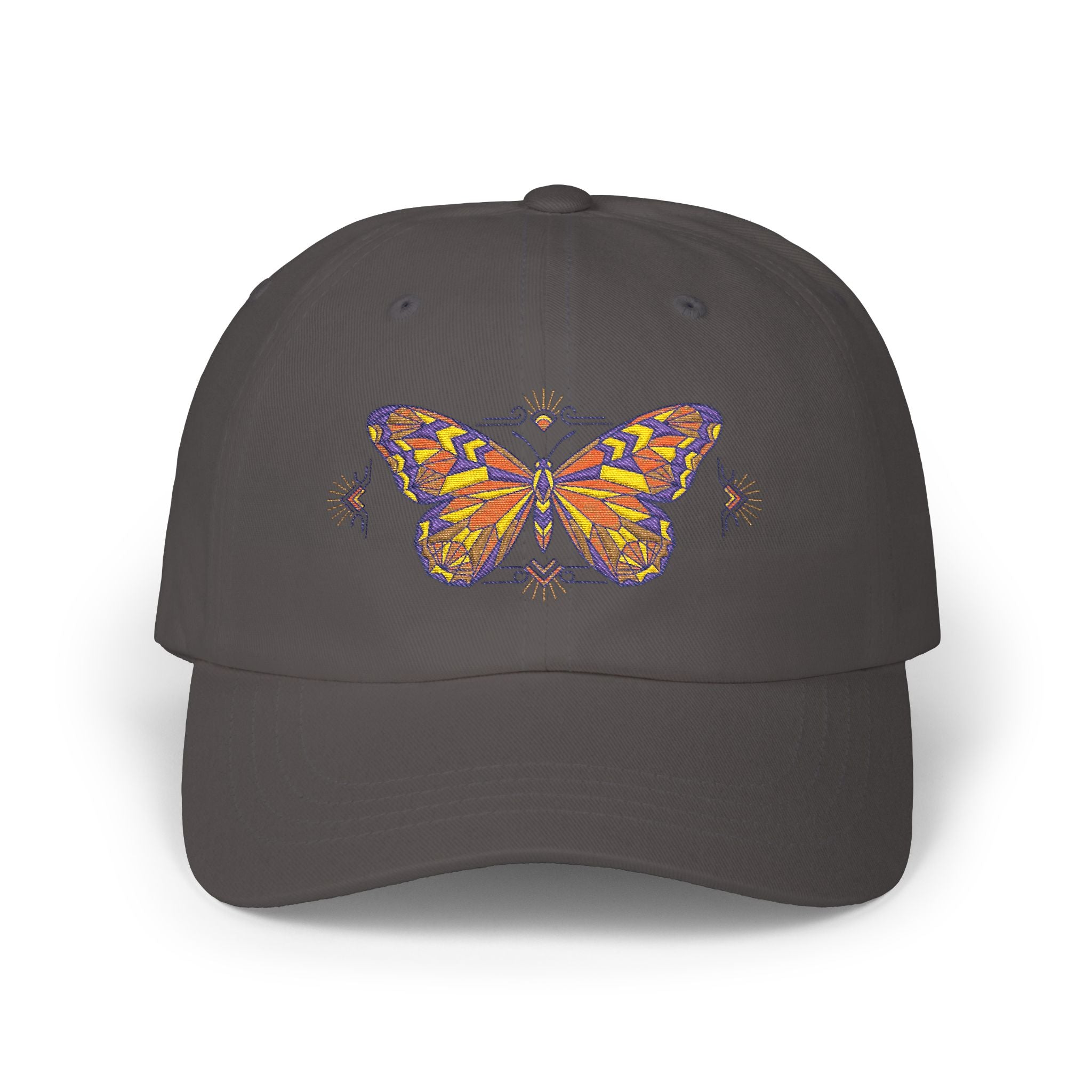 Dark grey dad cap with colorful butterfly-moth embroidery on the front panel