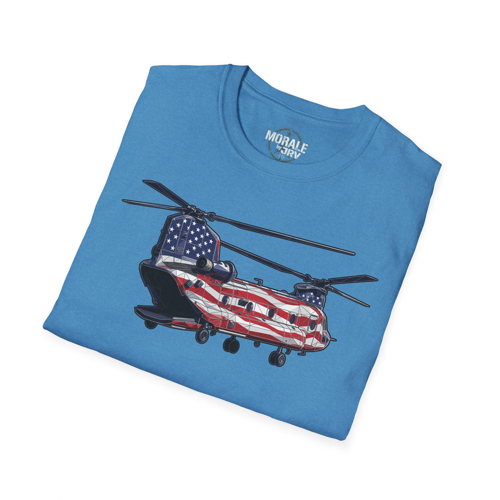 T-Shirt blau mit Hubschrauber- und US-Flaggen-Grafik, Vorderansicht