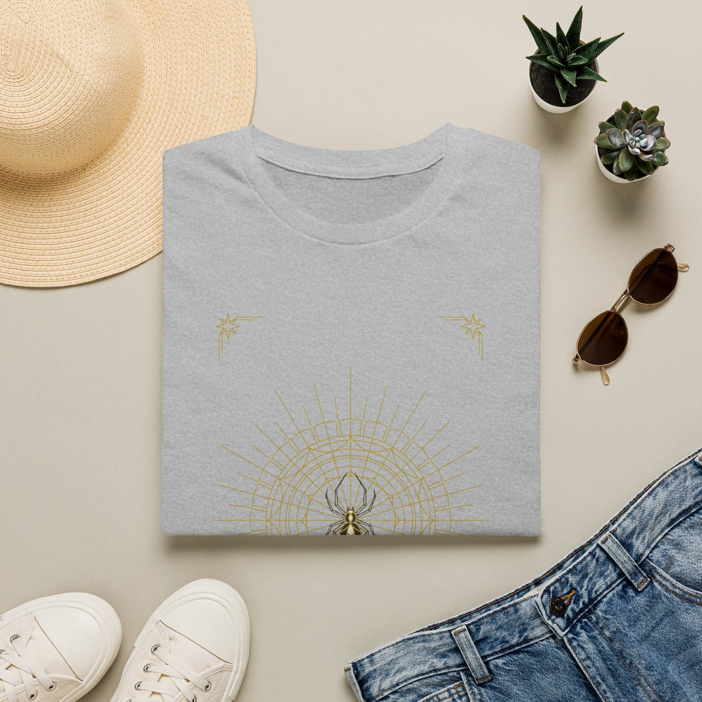 Light gray T-shirt with light gold spider mandala web and star accents graphic