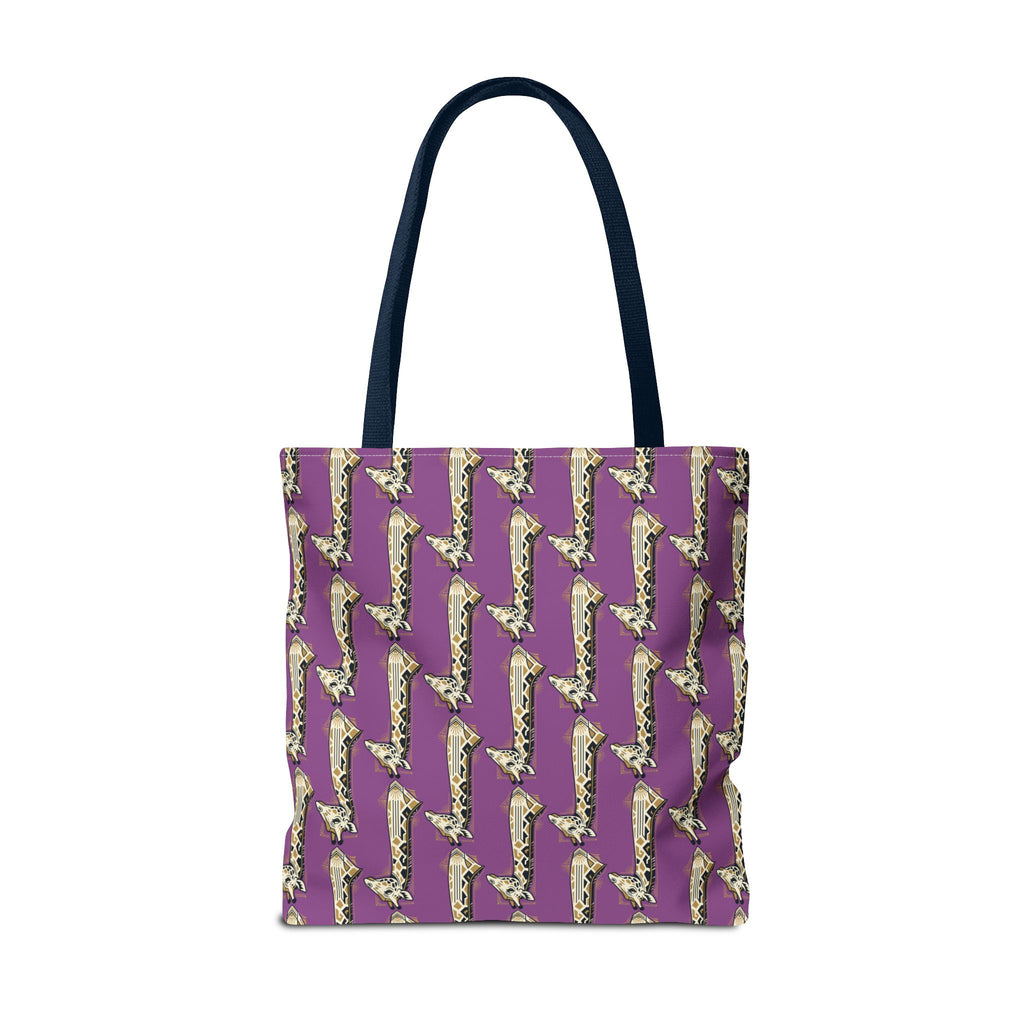 Purple tote bag with saxophone pattern and navy handles, centered front view.