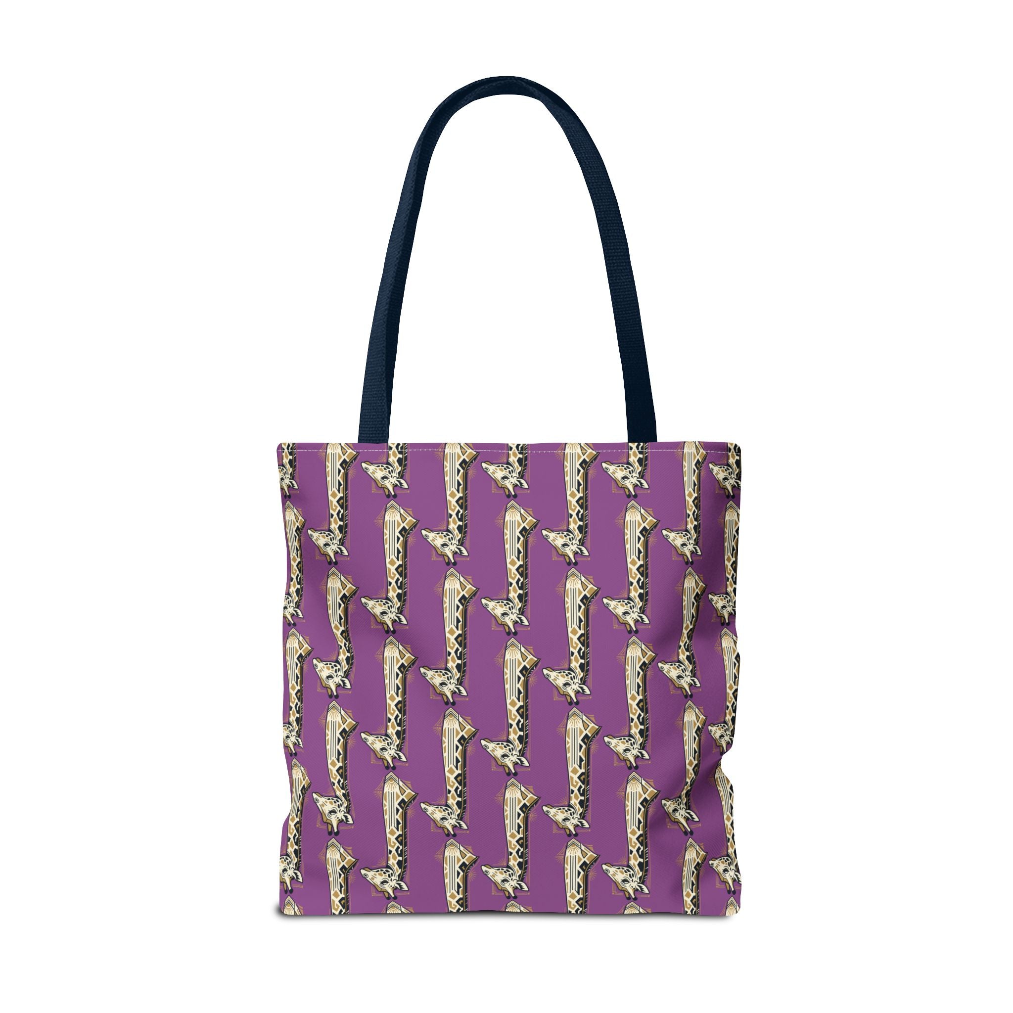 Purple tote bag with saxophone pattern and navy handles, centered front view.