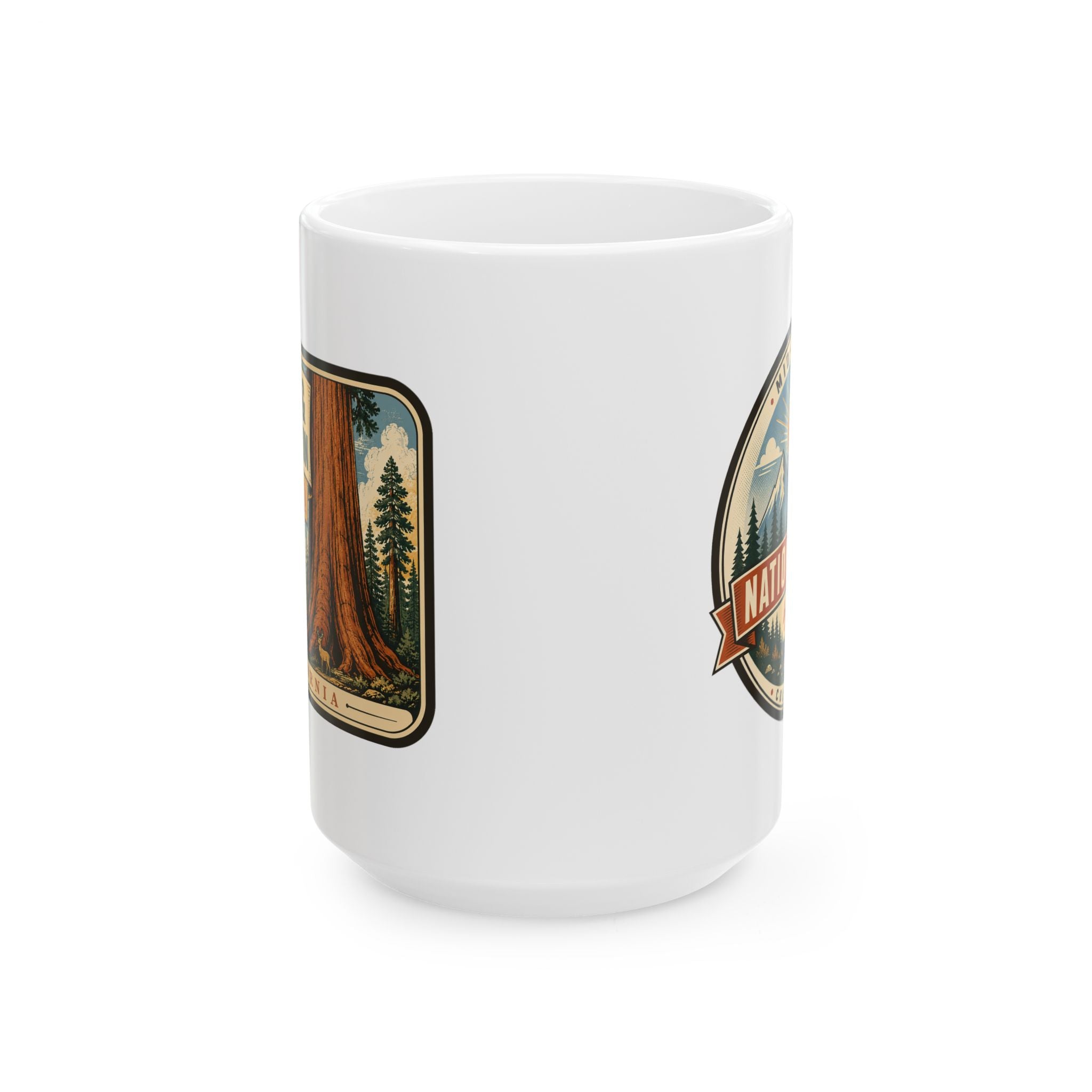 White ceramic mug with vintage Sequoia & Kings Canyon badge graphic
