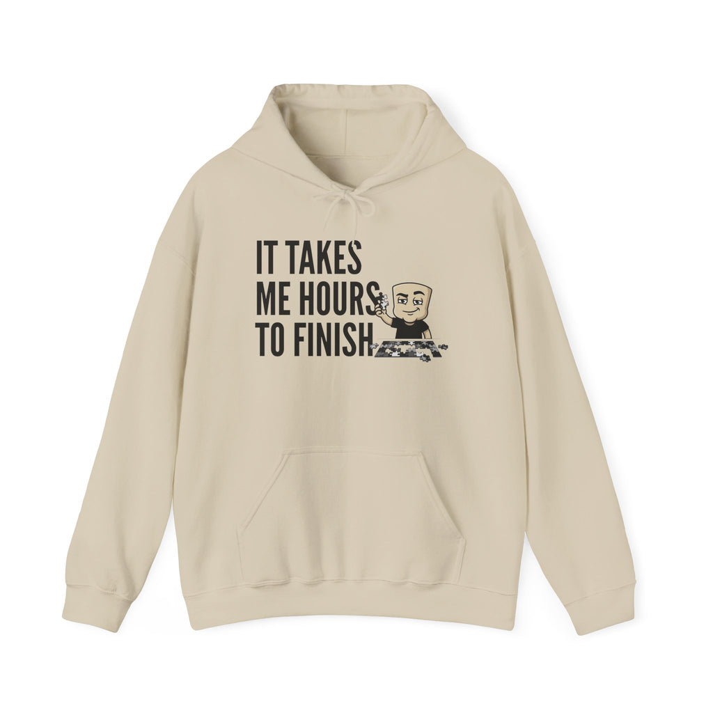 Beige hoodie with “IT TAKES ME HOURS TO FINISH” chess graphic