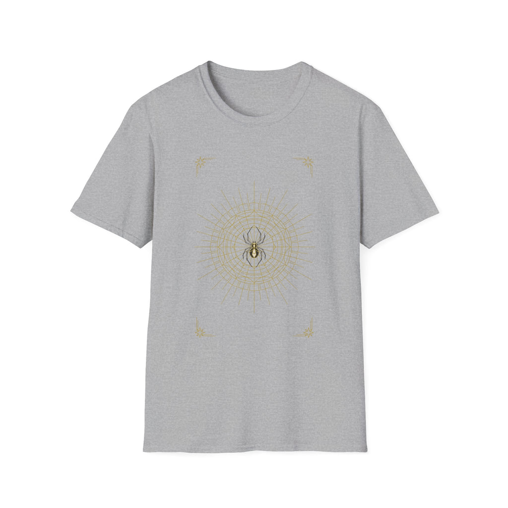 Sport gray T-shirt with gold spider web mandala and small star accents