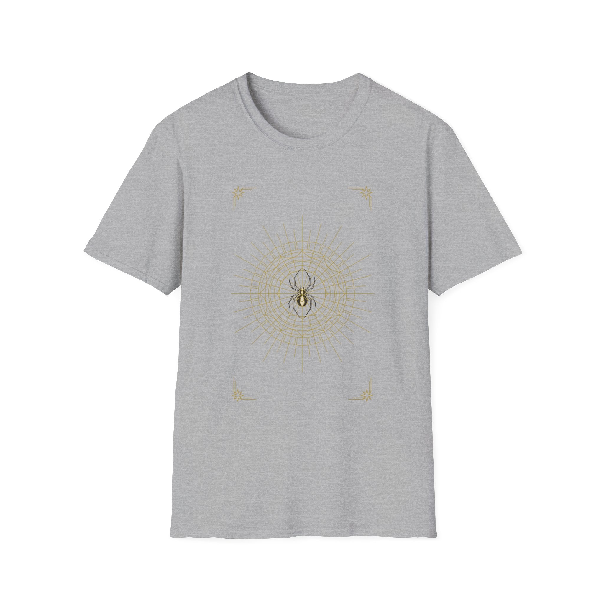 Sport gray T-shirt with gold spider web mandala and small star accents