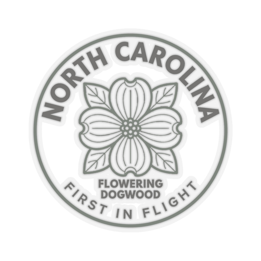 Clear vinyl dogwood sticker, gray circular text reading NORTH CAROLINA and FLOWERING DOGWOOD