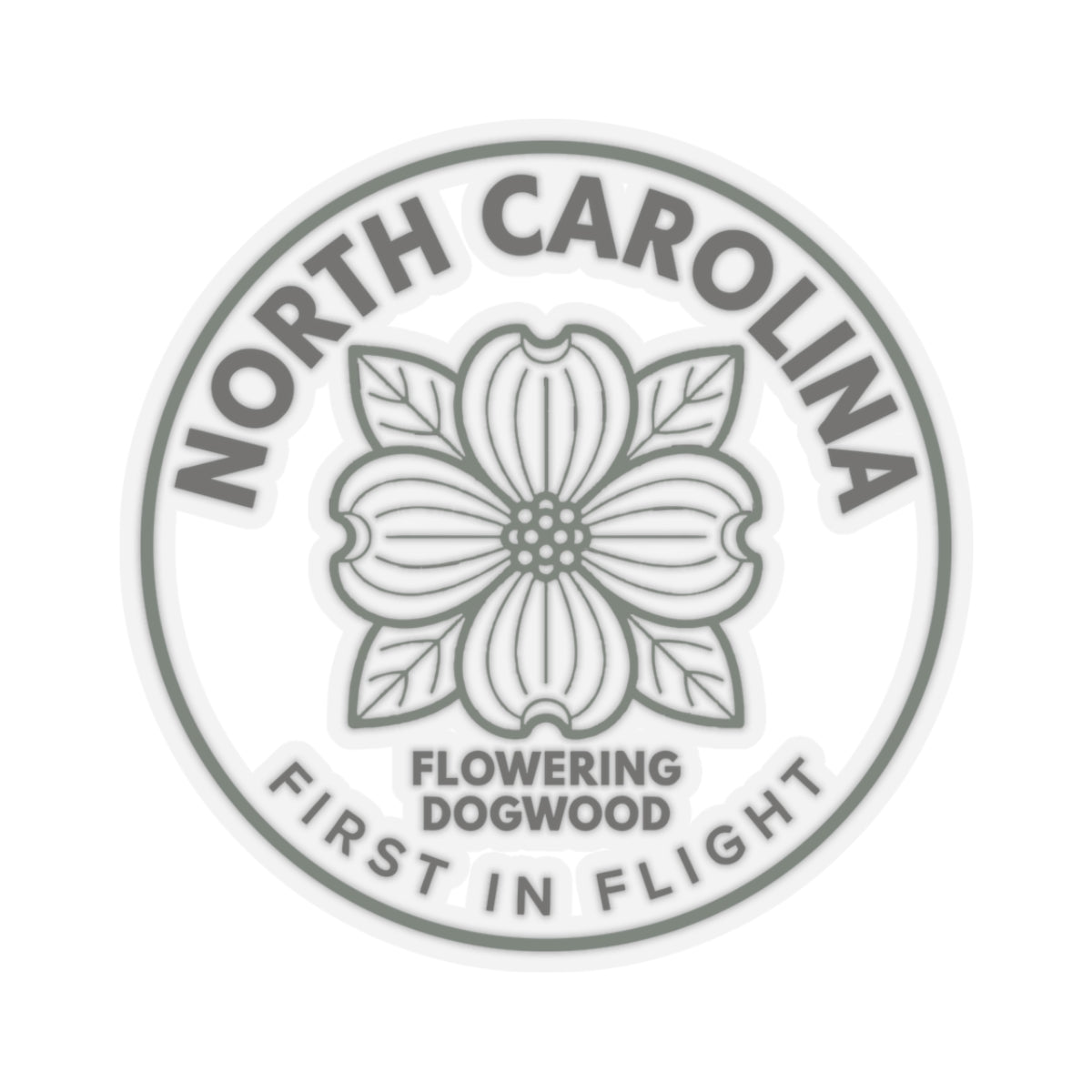 Clear vinyl dogwood sticker, gray circular text reading NORTH CAROLINA and FLOWERING DOGWOOD