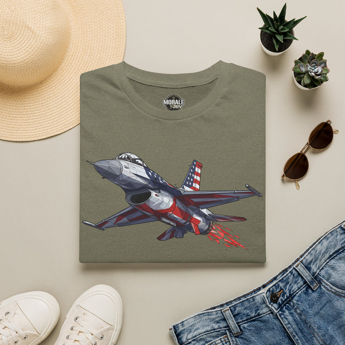 Heather military green crew-neck t-shirt with fighter jet graphic and small logo at neckline