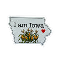 “I Am Iowa” sticker with corn plants and red heart, white outline