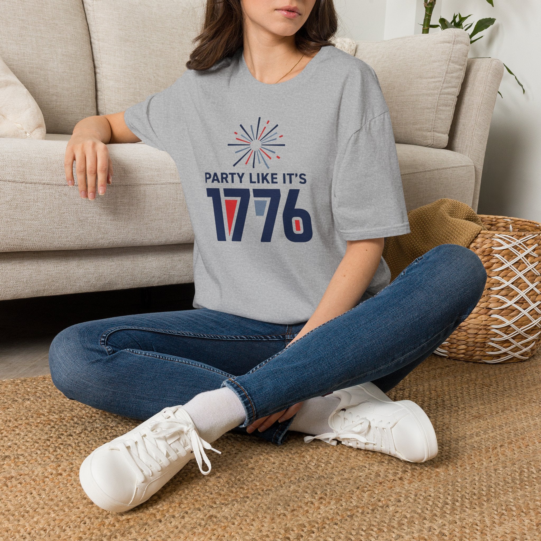 Sport grey T-shirt with fireworks graphic and text “PARTY LIKE IT’S 1776”