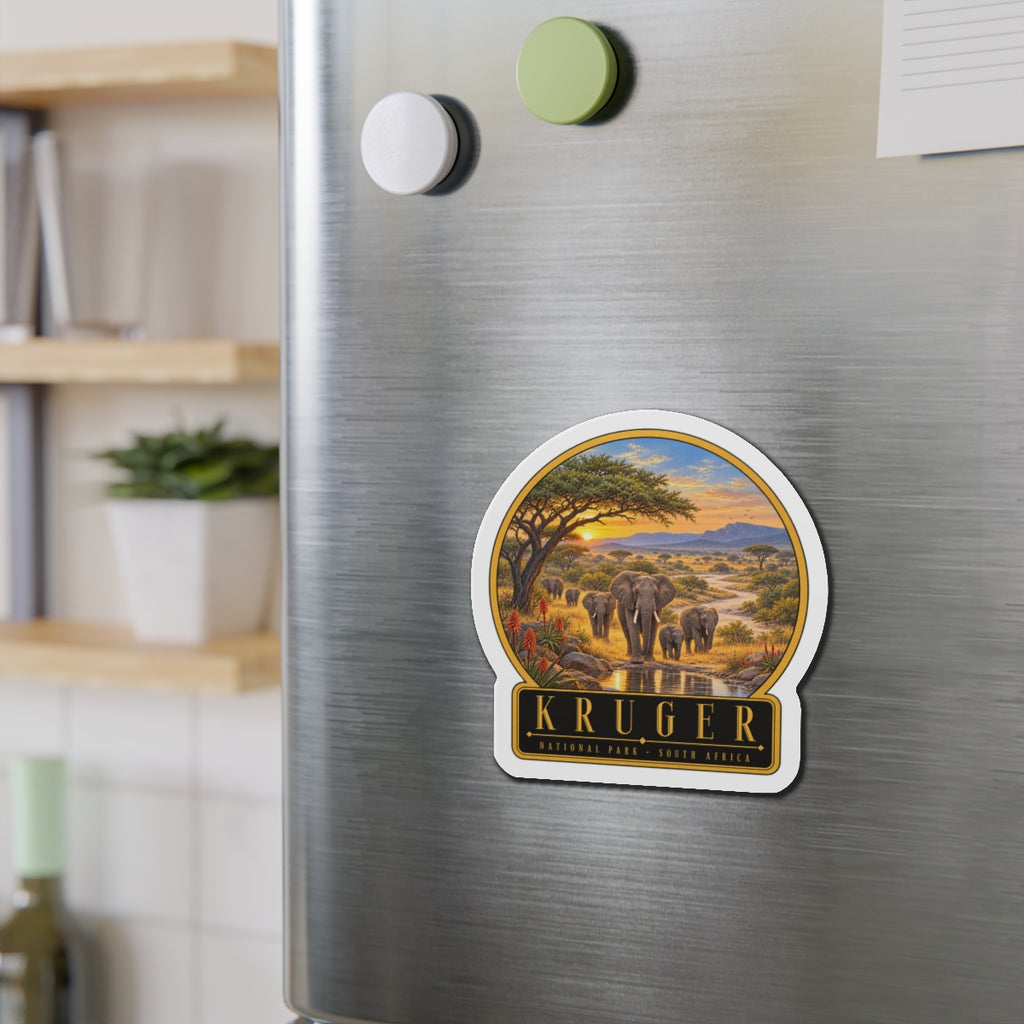 Die-cut vinyl fridge magnet with Kruger logo and elephant safari artwork