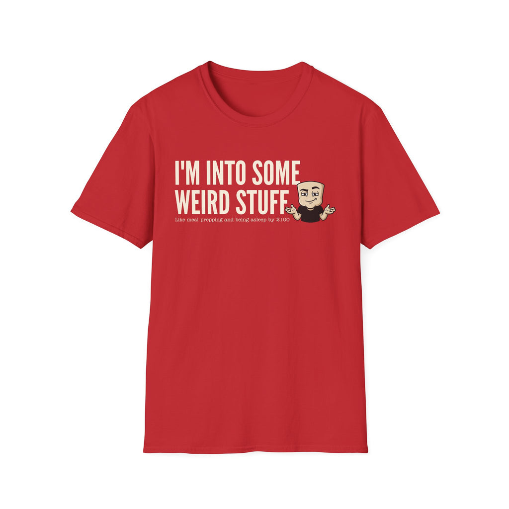 Red T-shirt with 'I'm into some weird stuff' front graphic and cartoon character