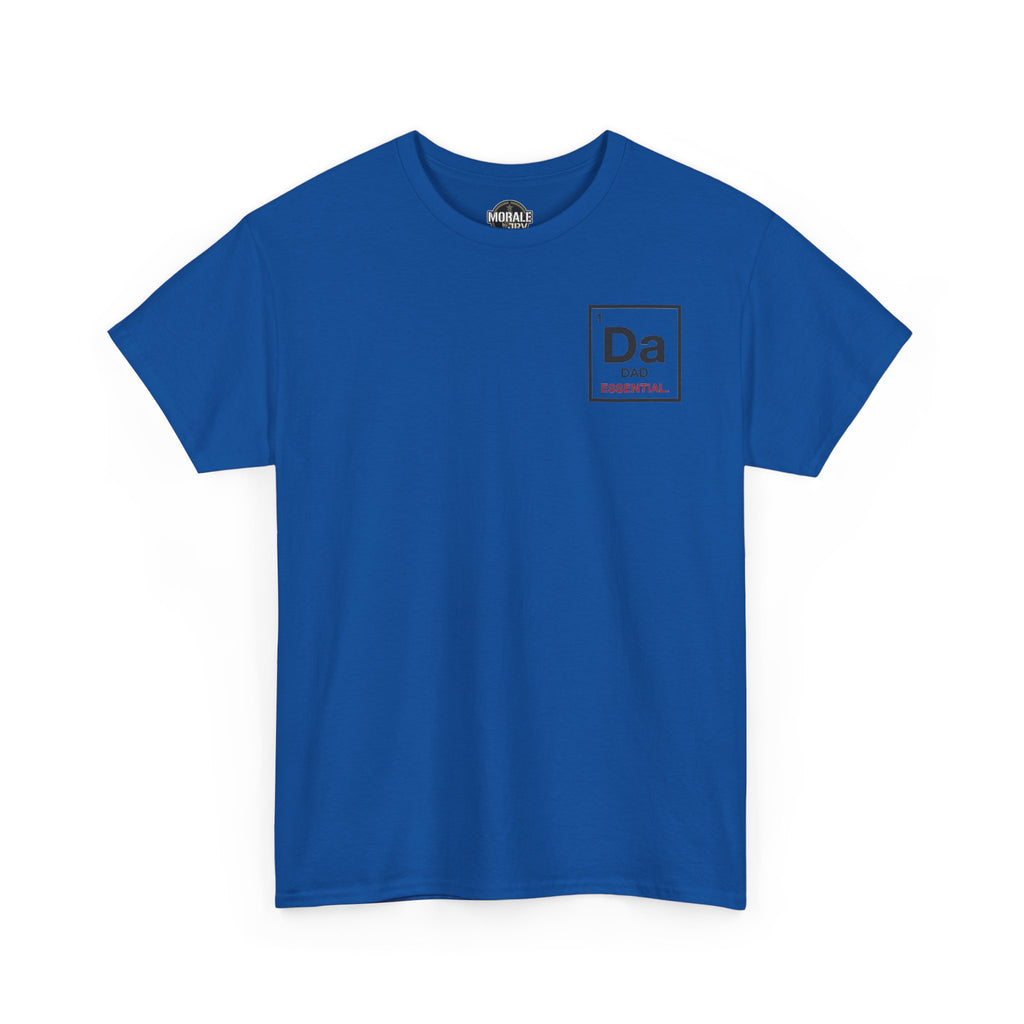 Blue crew-neck t-shirt with small “Da DAD ESSENTIAL!” logo graphic near the collar