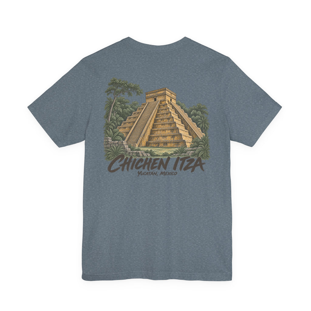 Dark heather gray crewneck T-shirt with large Chichen Itza pyramid scene and text graphic