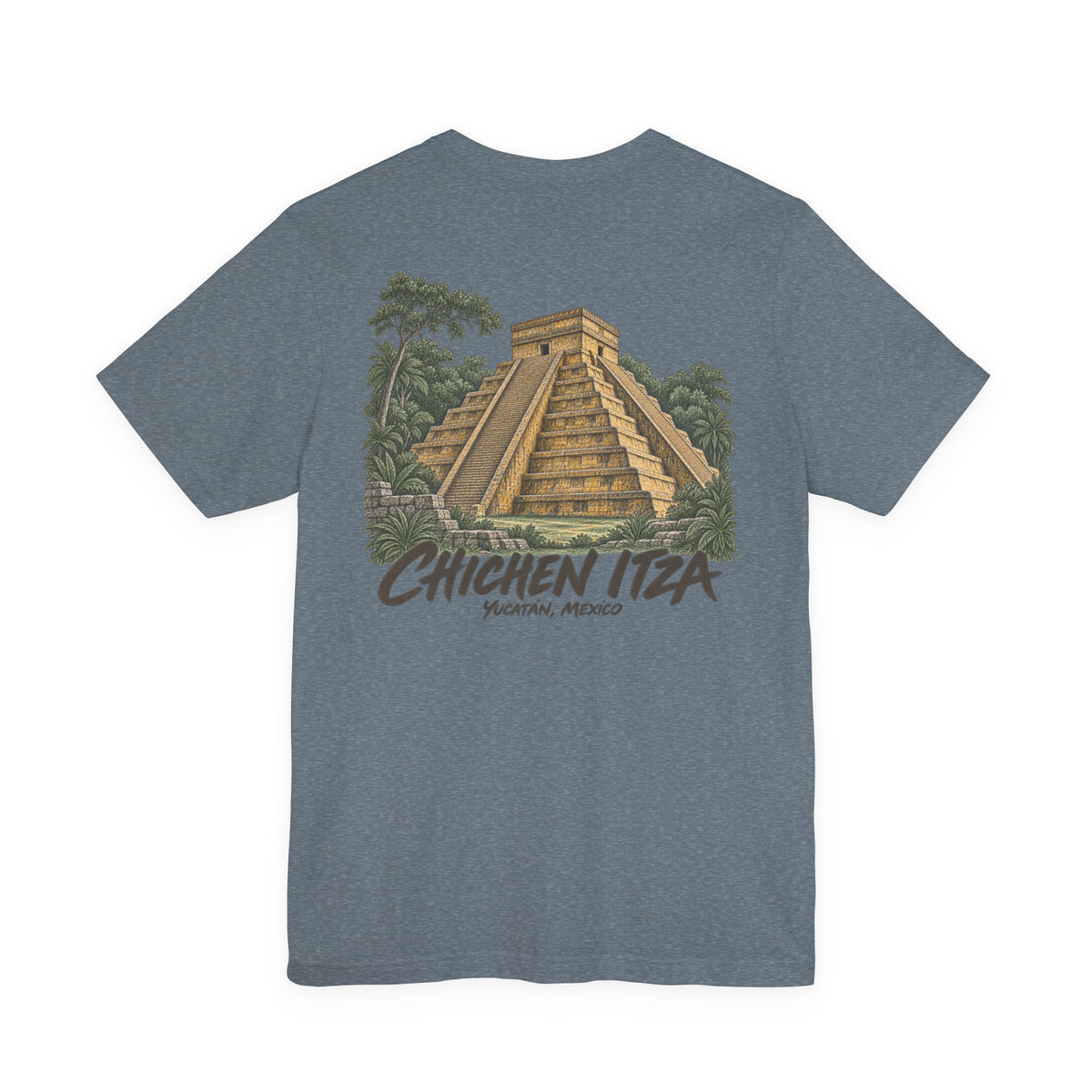 Dark heather gray crewneck T-shirt with large Chichen Itza pyramid scene and text graphic