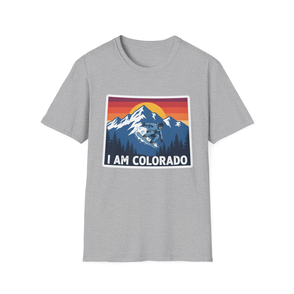 Sport Grey T-shirt with “I AM COLORADO” mountain sunset graphic featuring a wolf and bear