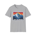 Sport Grey T-shirt with “I AM COLORADO” mountain sunset graphic featuring a wolf and bear