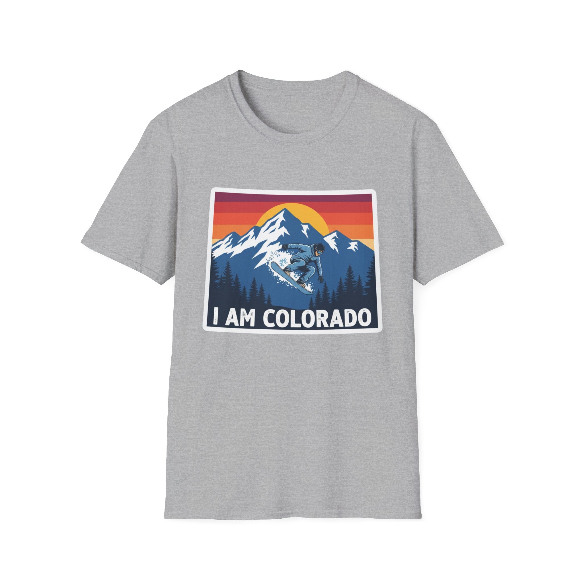 Sport Grey T-shirt with “I AM COLORADO” mountain sunset graphic featuring a wolf and bear