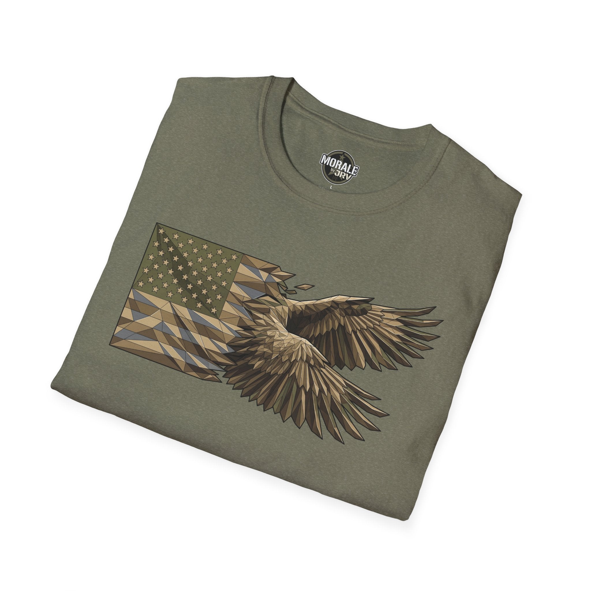Military camouflage T-shirt with American flag and soaring bald eagle, military green