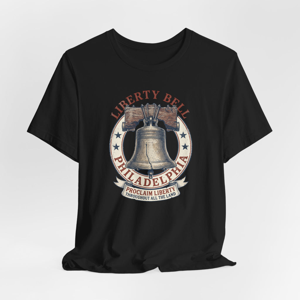 Black crewneck T-shirt with centered Liberty Bell and text graphic