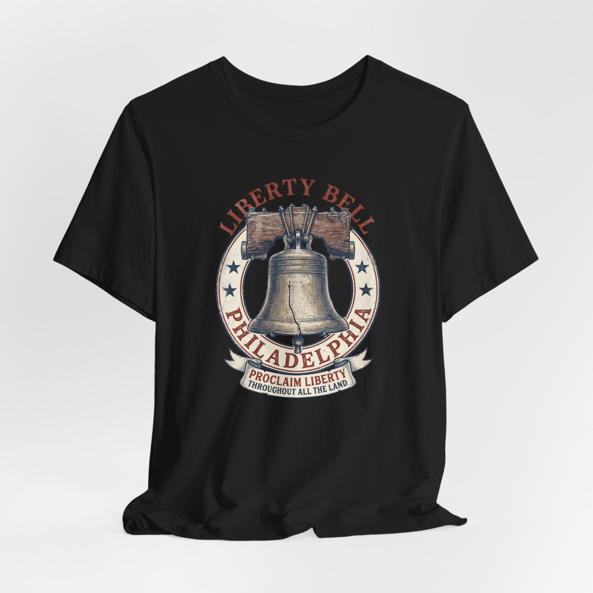 Black crewneck T-shirt with centered Liberty Bell and text graphic