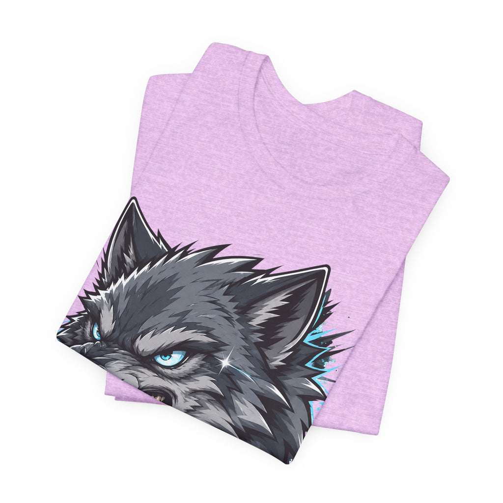 Unisex heather lilac t-shirt with snarling wolf head graphic across chest