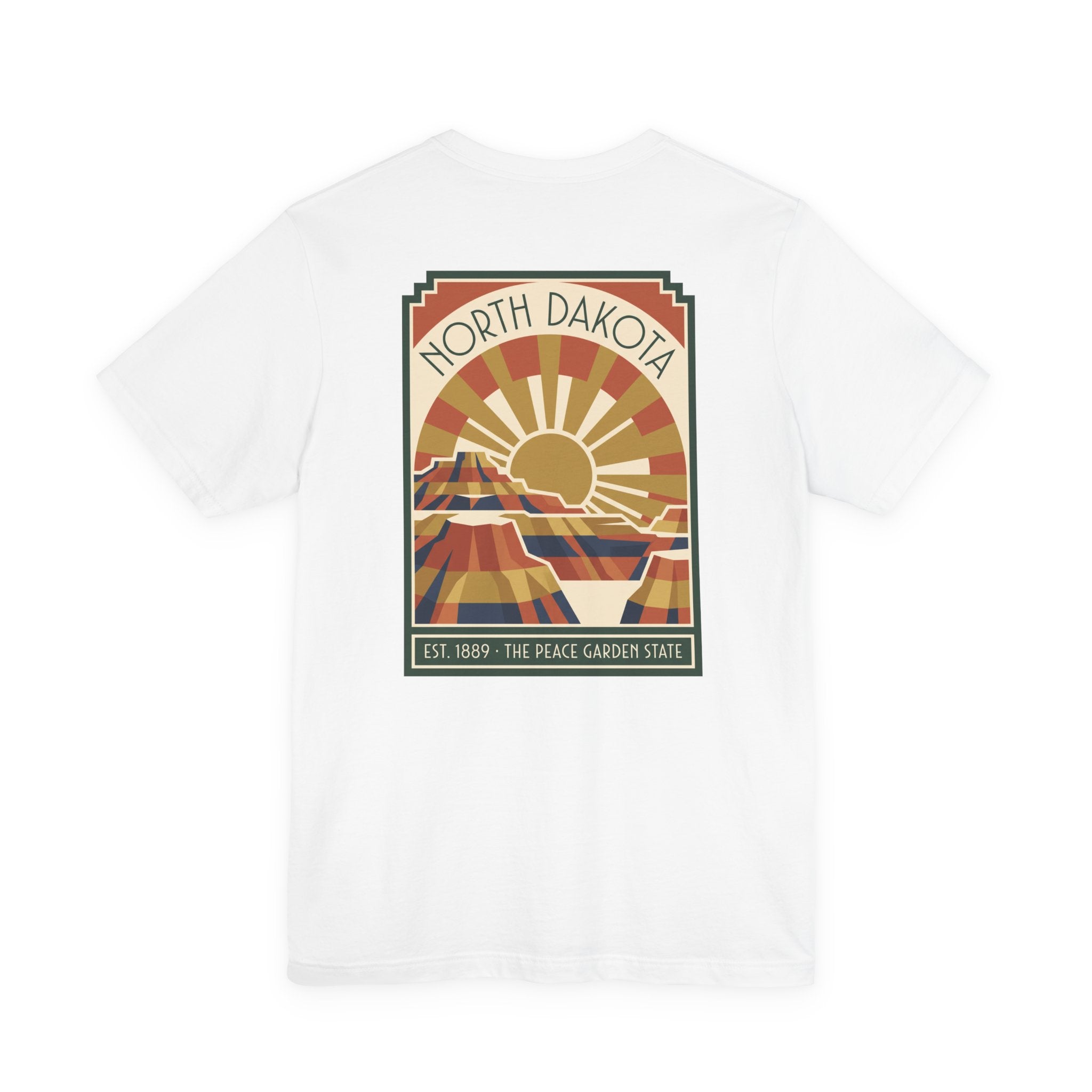 White crewneck T-shirt with large North Dakota scene graphic centered