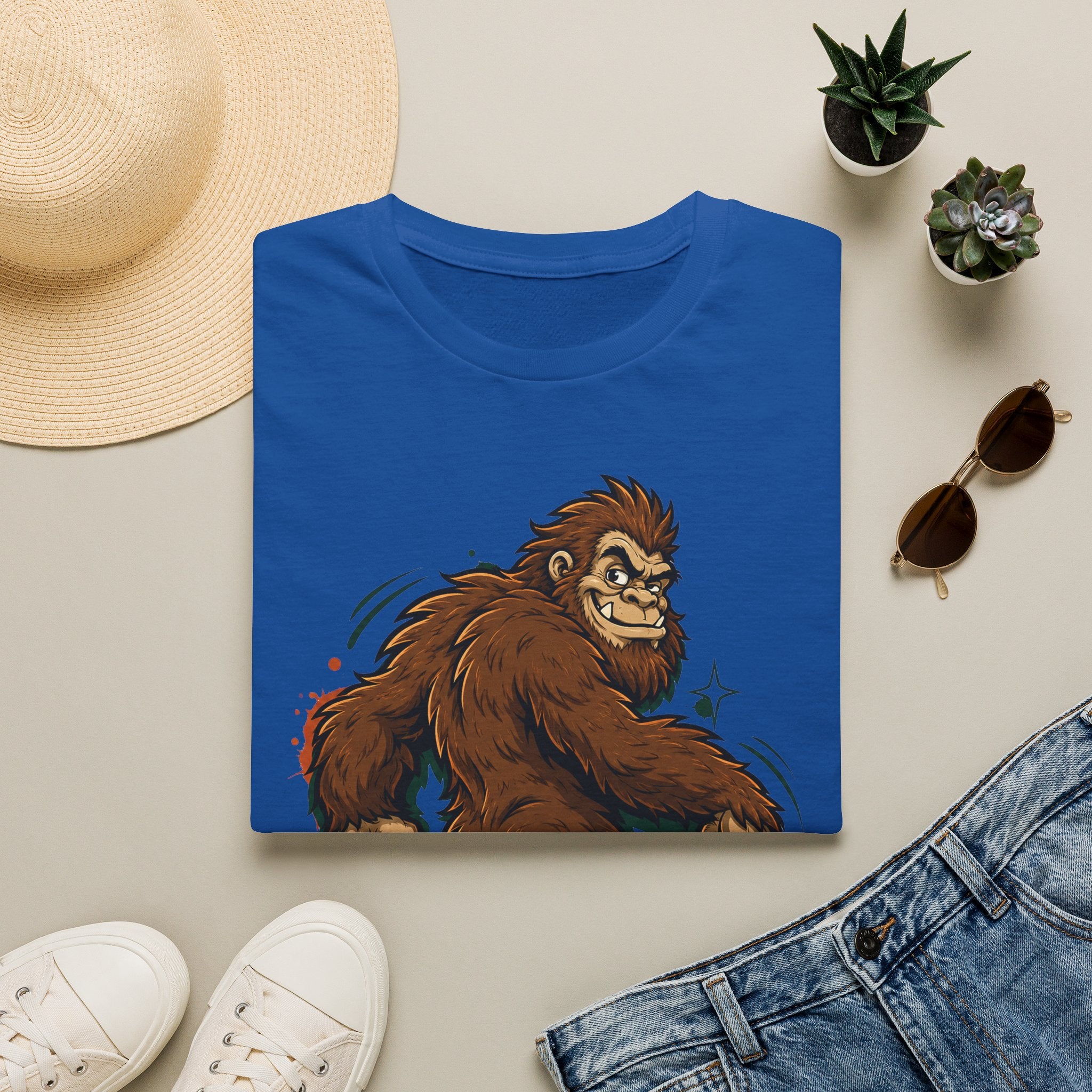 Royal blue crewneck T-shirt with brown smirking sasquatch graphic and star accents