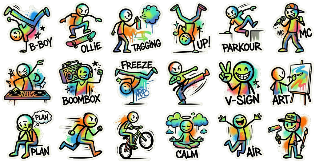 Cute green character activity stickers, die-cut small icons on a sheet with cartoon figures