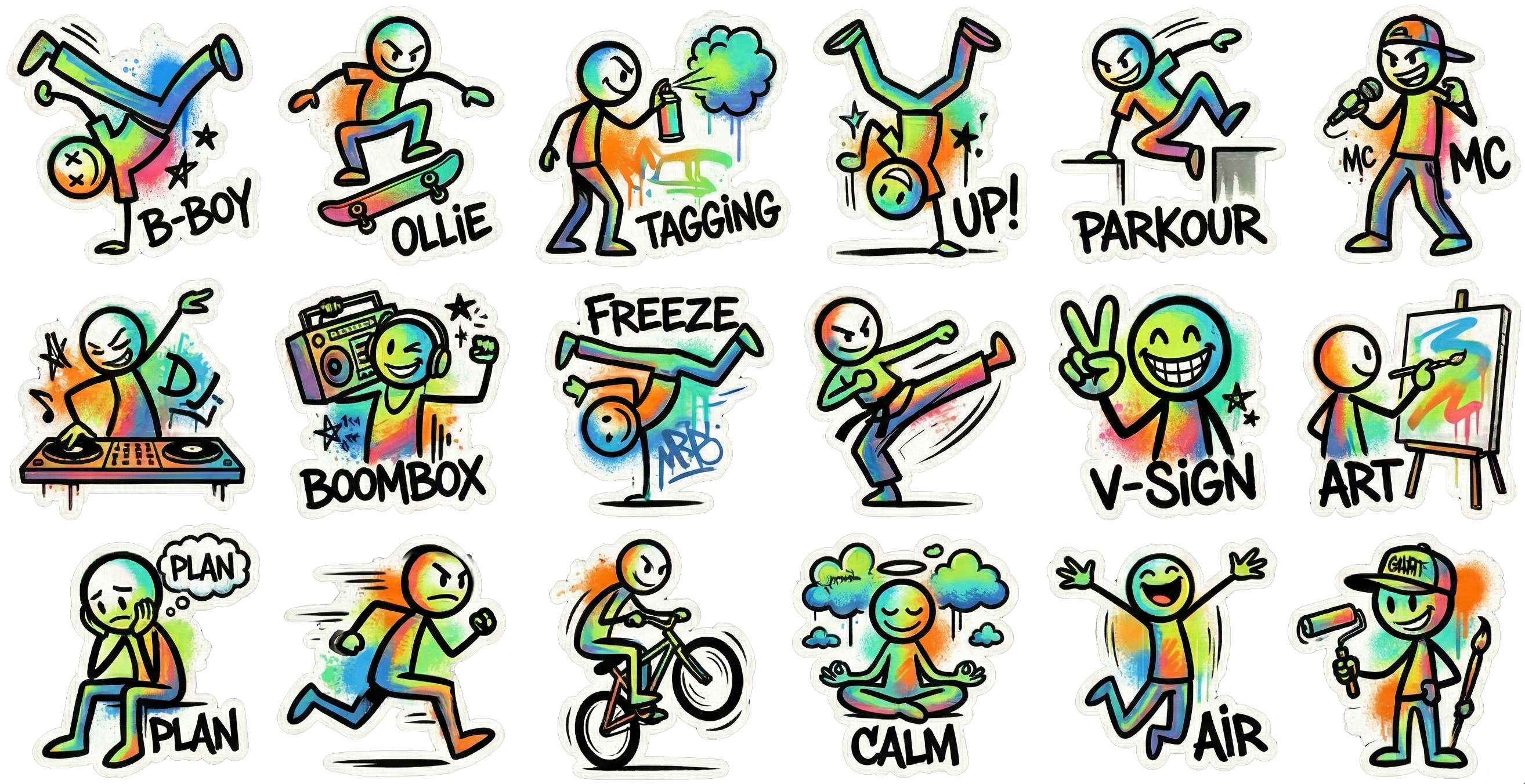 Cute green character activity stickers, die-cut small icons on a sheet with cartoon figures