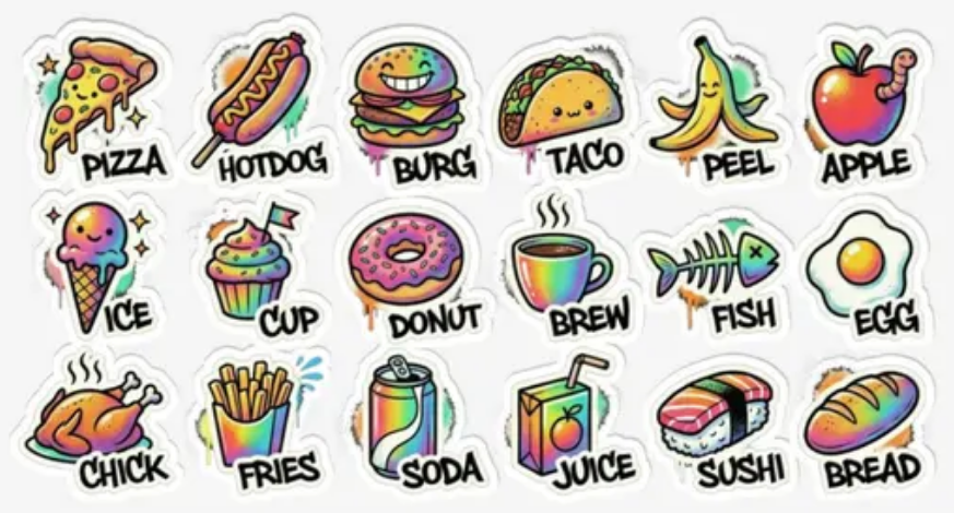 Die-cut food icon sticker sheet: pizza, hotdog, burger, taco, banana, apple
