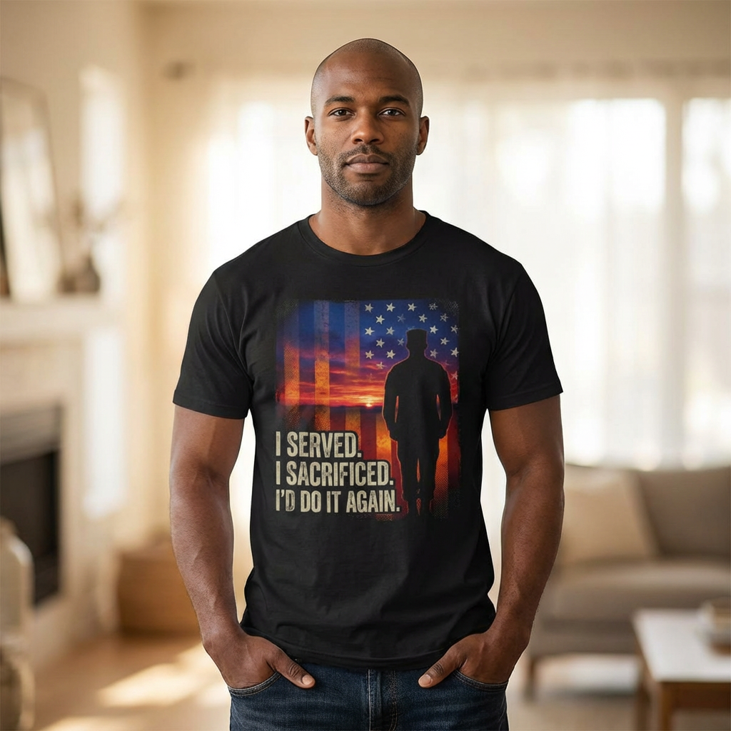 Black T-shirt with soldier silhouette and American flag sunset graphic, “I Served I Sacrificed” text