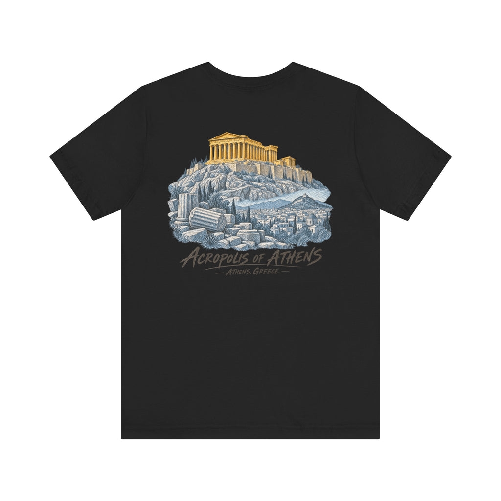 Black crewneck T-shirt with large chest temple illustration and decorative text graphic