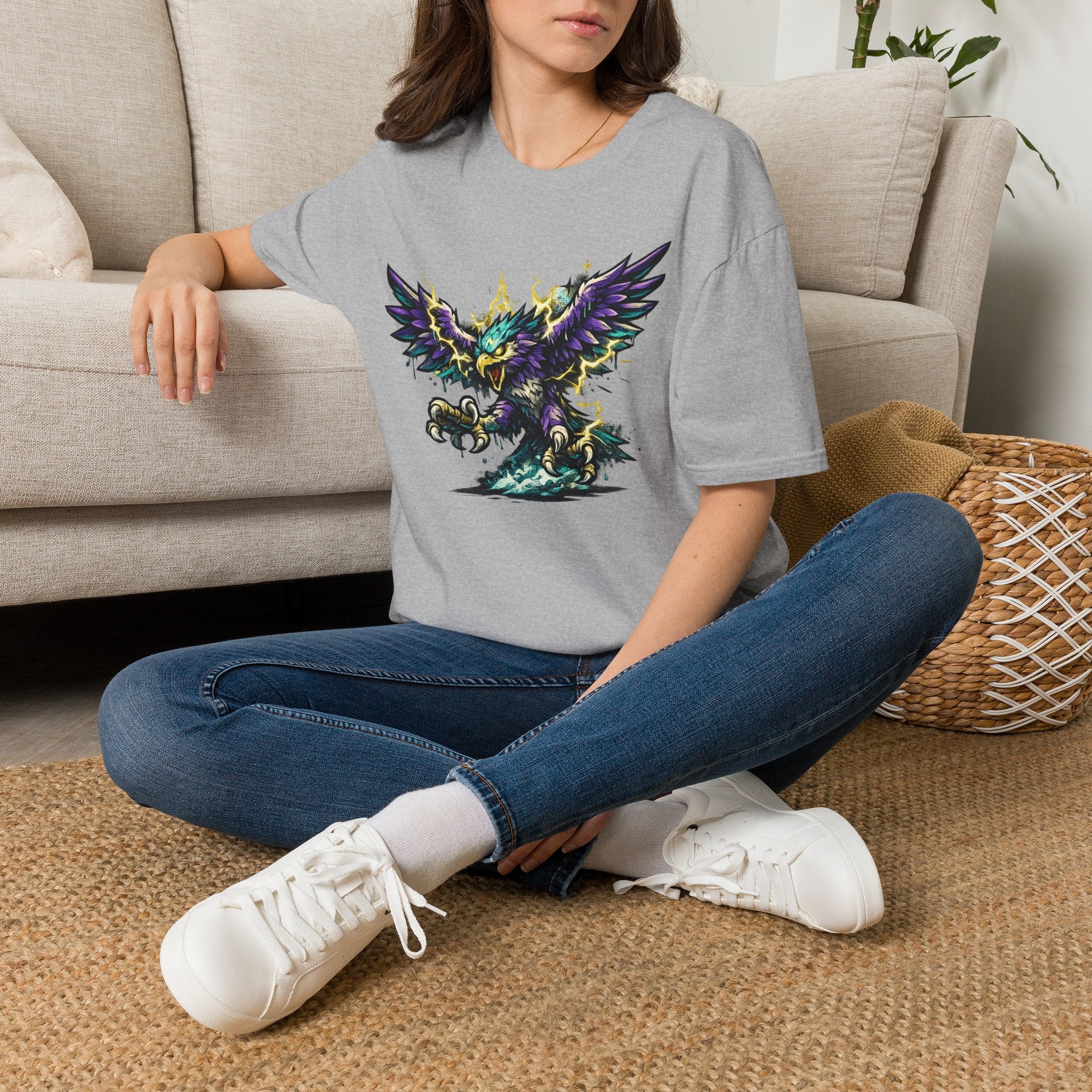 Light gray crewneck t-shirt with colorful lightning thunderbird graphic on the chest.