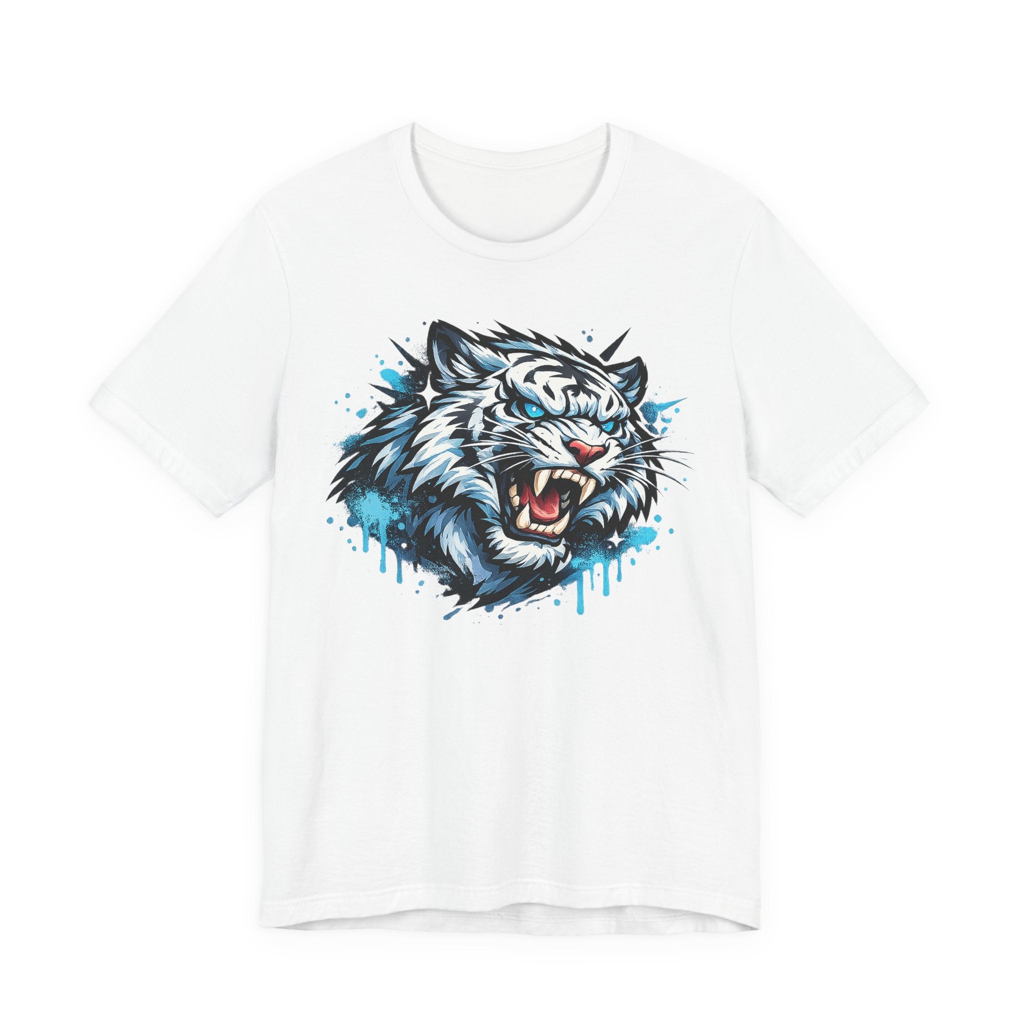 White unisex t-shirt with roaring tiger head graphic and blue drip print
