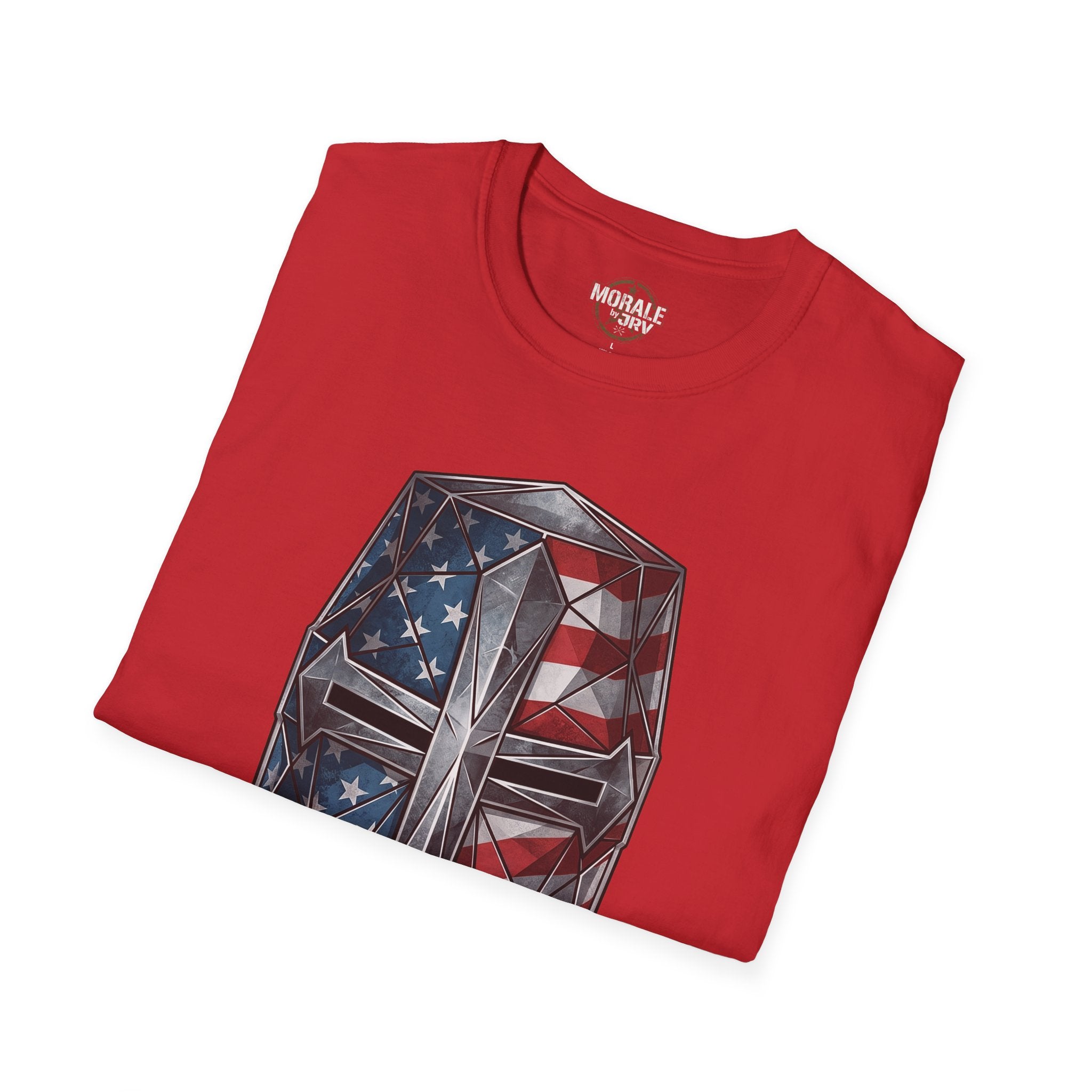 Red T-shirt with 3D American flag helmet, stars and stripes graphic
