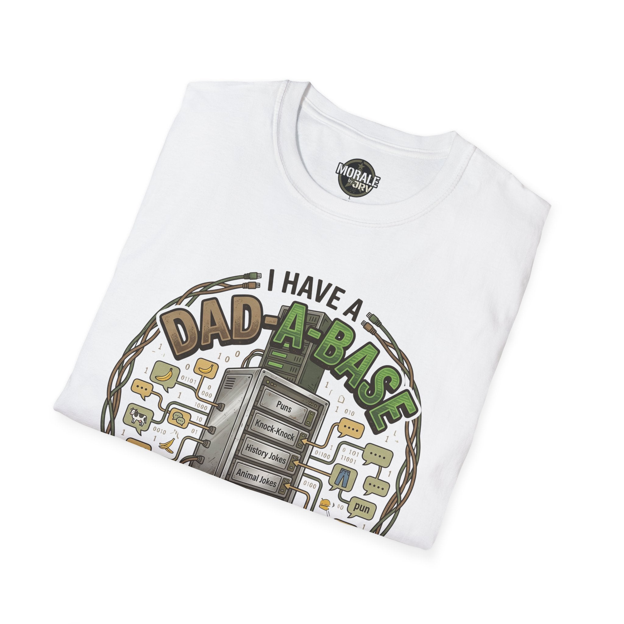 White T-shirt front print: “I have a Dad-a-Base” retro computer dad-joke design