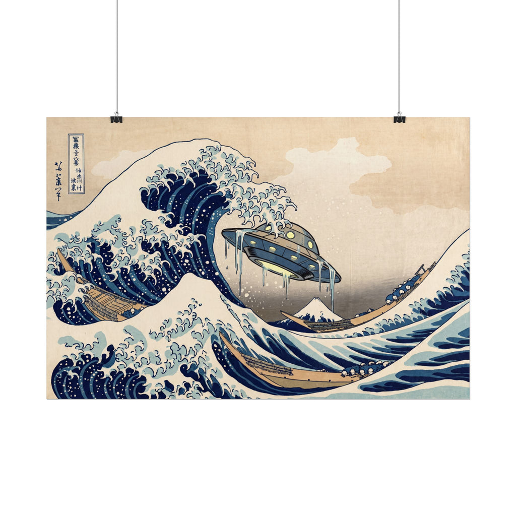 Vintage wave print poster with UFO craft and blue waves, clipped to display
