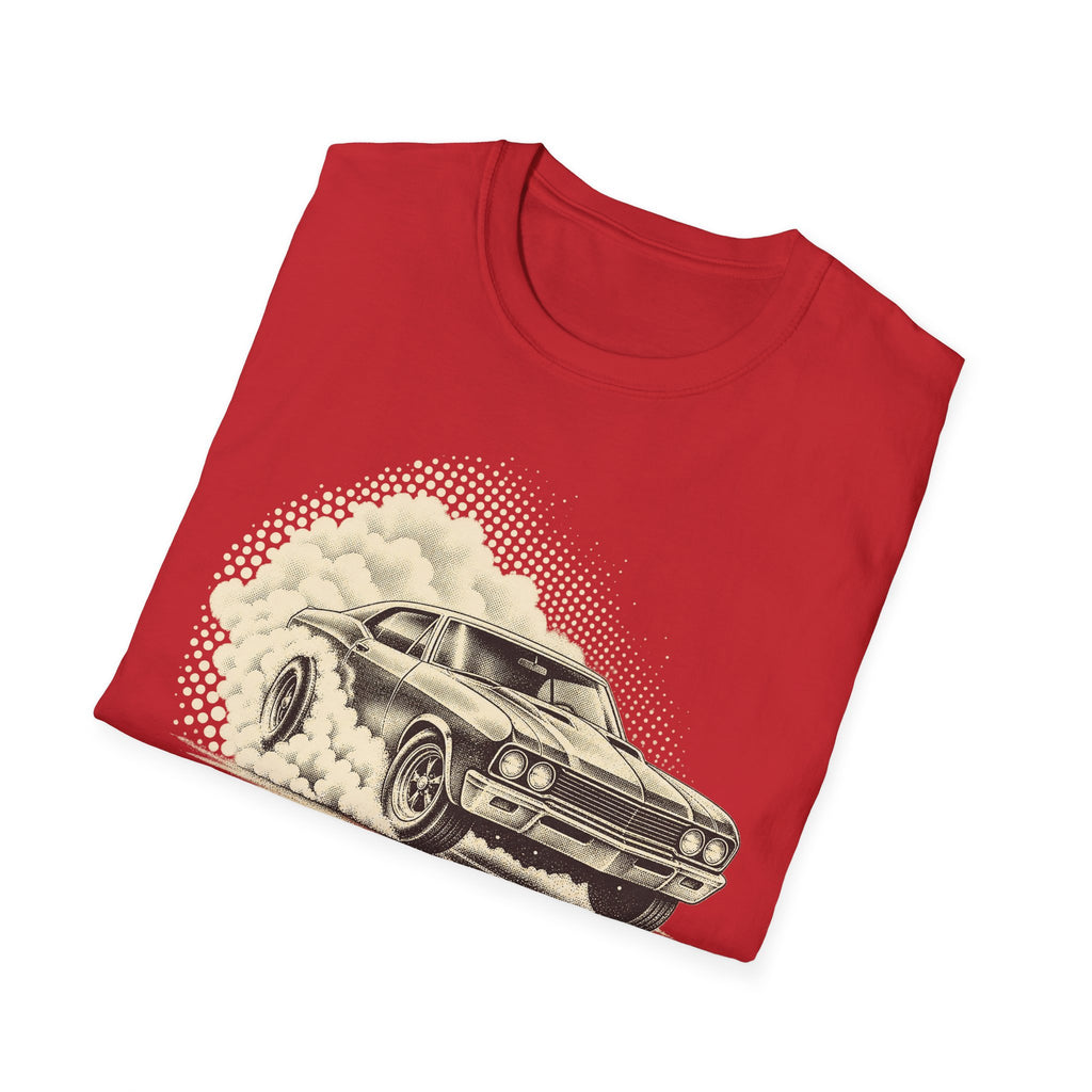 Red short-sleeve T-shirt with vintage muscle car graphic and halftone cloud dots
