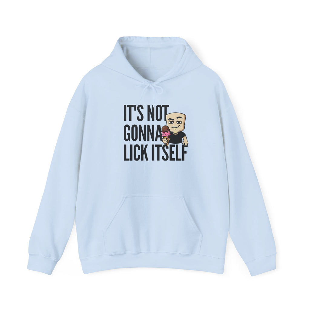 Light blue hoodie with front pocket, hood, and ice cream character 'IT'S NOT...' graphic.