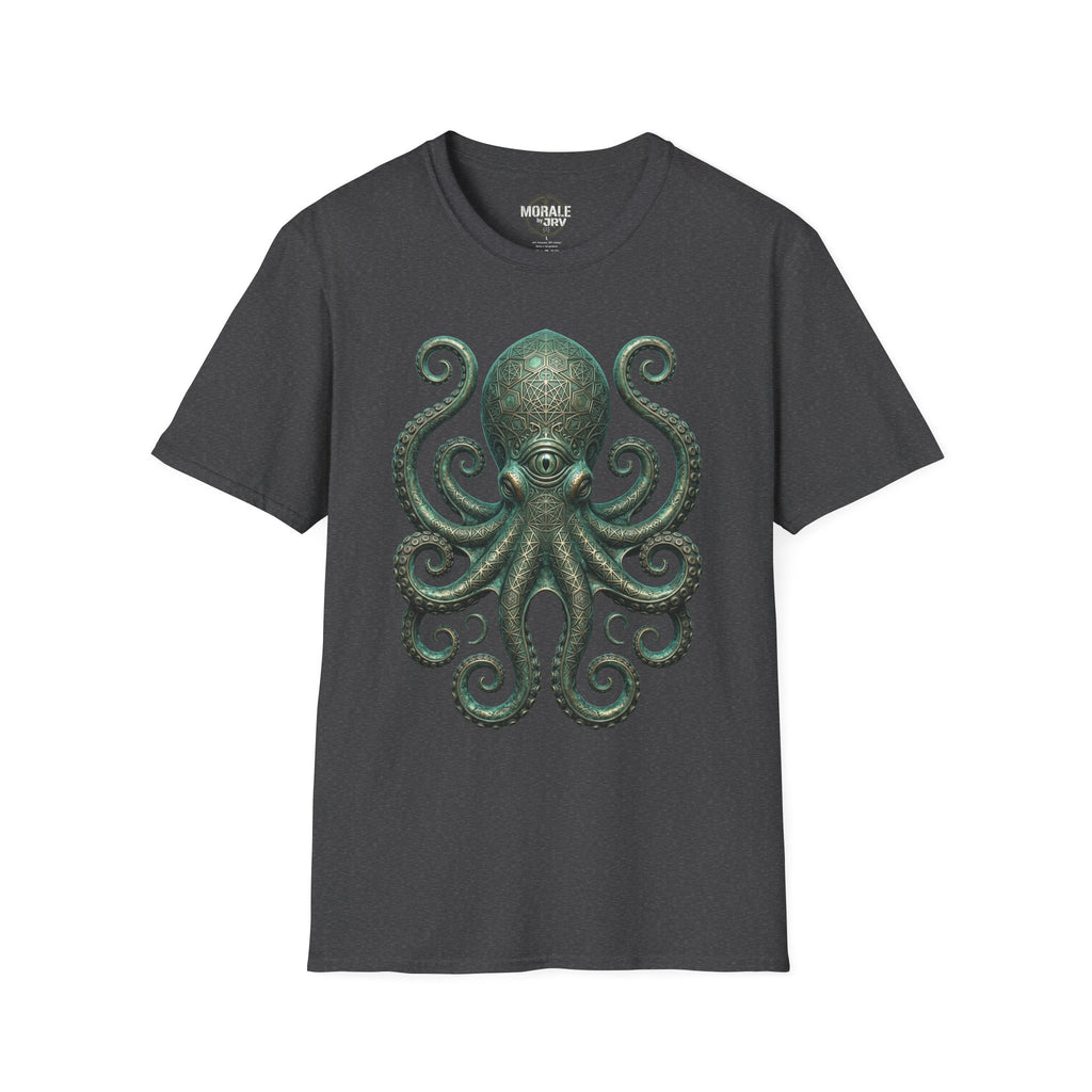 Kraken-Octopus T-Shirt auf dunkelgrauem Stoff, grünes Printmotiv vorne