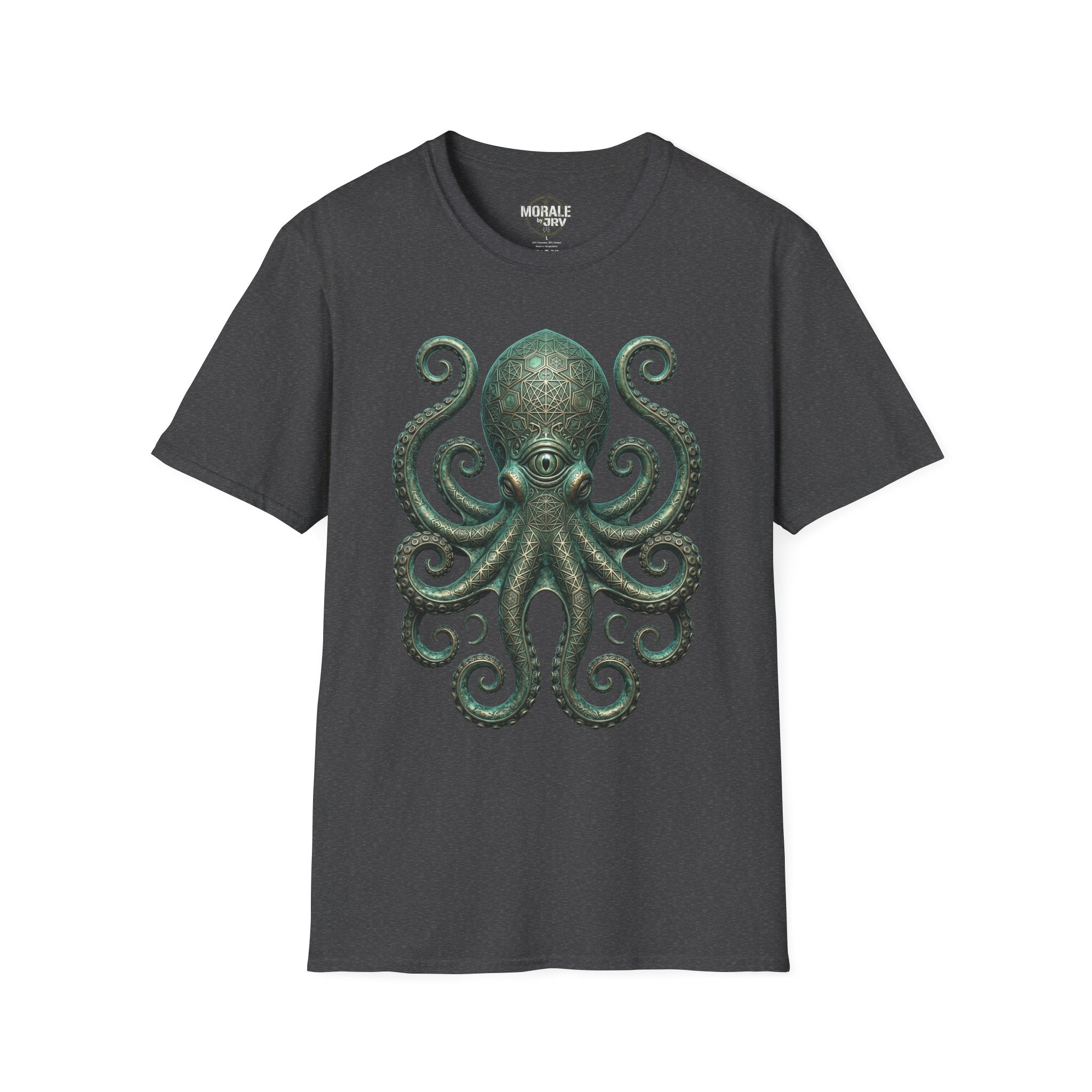 Kraken-Octopus T-Shirt auf dunkelgrauem Stoff, grünes Printmotiv vorne