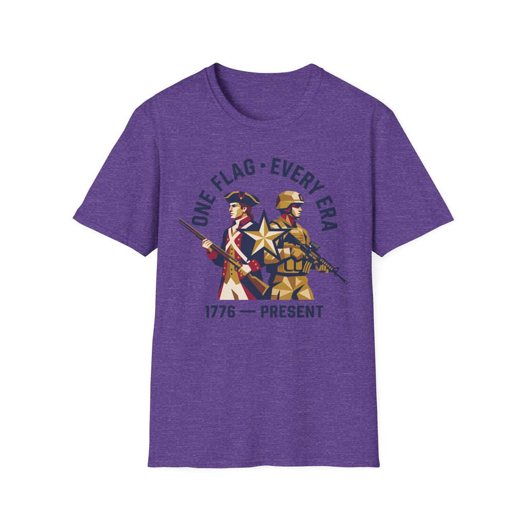 Purple military graphic t-shirt with soldier and '1776–present' emblem